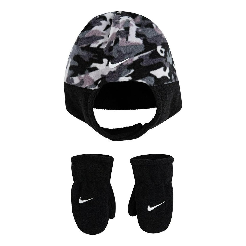 New Nike Swoosh Trapper Hat & Mittens Set Kids Fleece Camo Black White Boys NWT